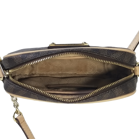 Michael Kors Jet Set Monogram Crossbody Bag Gold Logo Plate & Chain - Picture 14 of 15